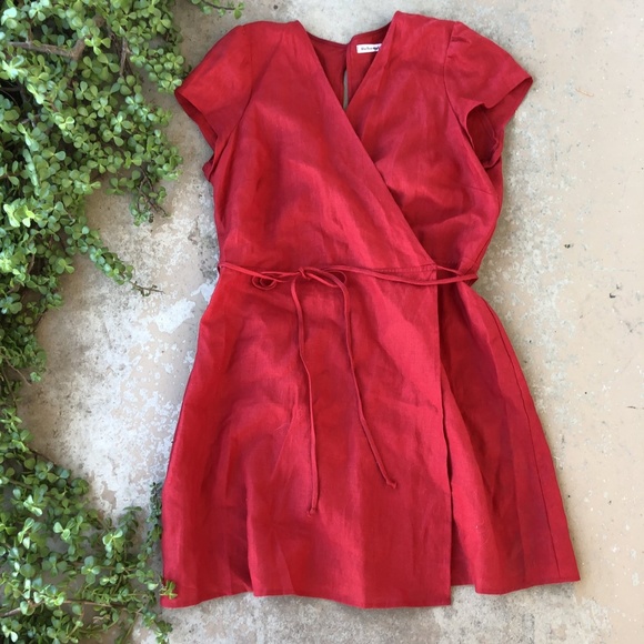red linen wrap dress